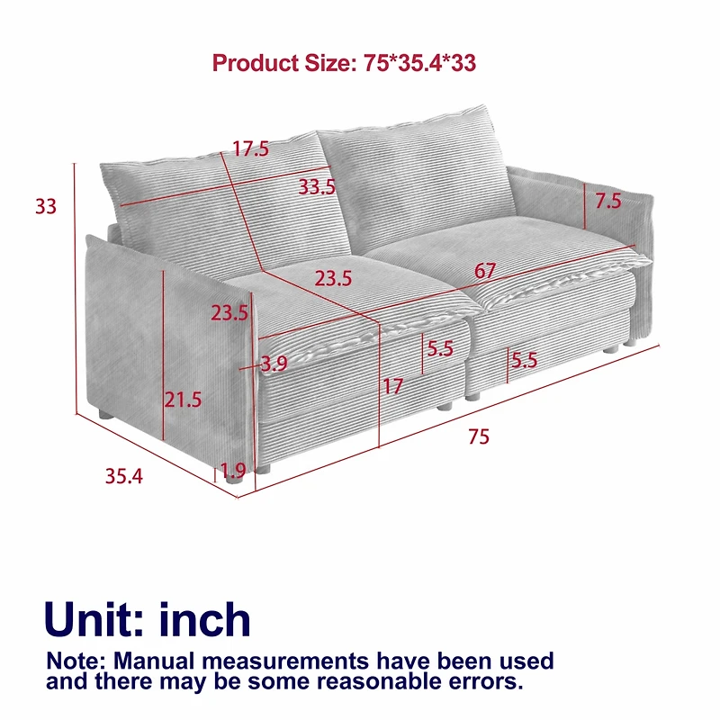 Corduroy Loveseat Sofa with Pillows