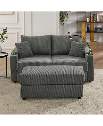 Streamdale Modern Sofa, Storage & Ottoman, Comfy Grey Couch w/ Cup Holders & Chargers