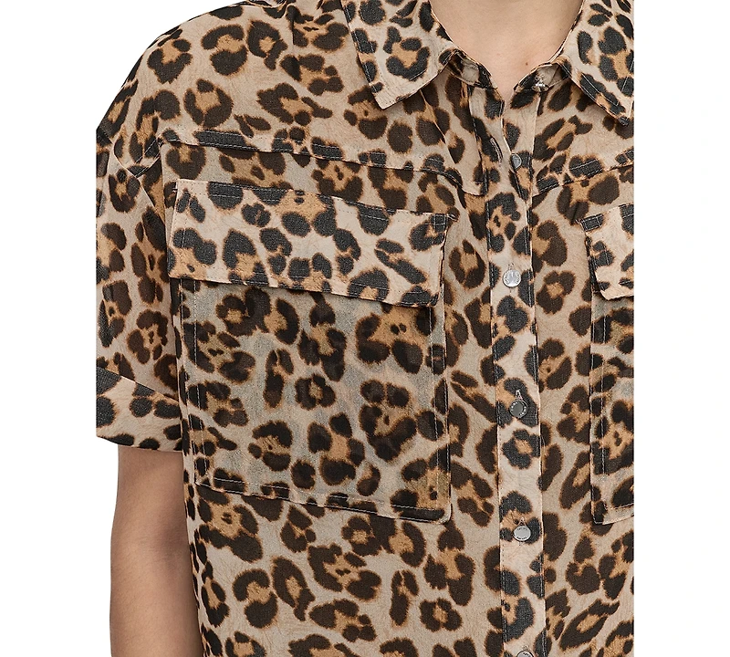 Dkny Petite Printed Short-Sleeve Button-Front Shirt