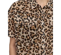 Dkny Petite Printed Short-Sleeve Button-Front Shirt