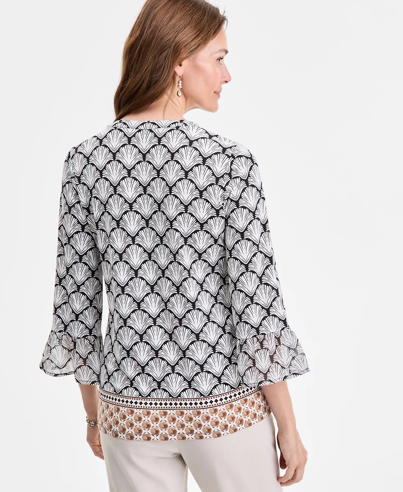 Jm Collection Petite Geometric-Print Split-Neck Top, Exclusively at Macy's