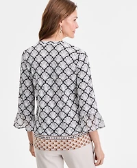 Jm Collection Petite Geometric-Print Split-Neck Top, Exclusively at Macy's