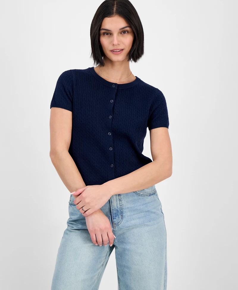 Freshman Juniors' Short-Sleeve Crewneck Cable-Knit Sweater