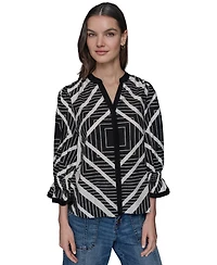 Karl Lagerfeld Paris Women's Geo-Print 3/4-Sleeve Woven Top