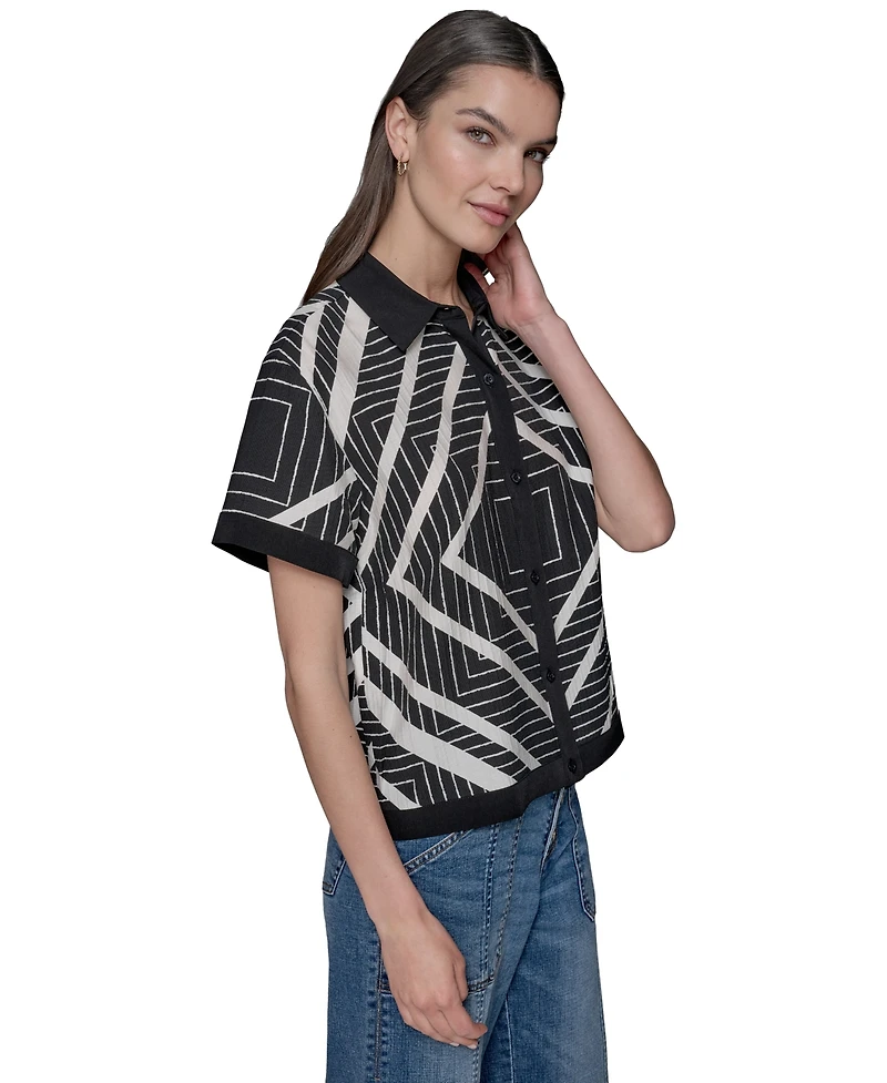 Karl Lagerfeld Paris Women's Geo-Print Button-Down Short-Sleeve Top