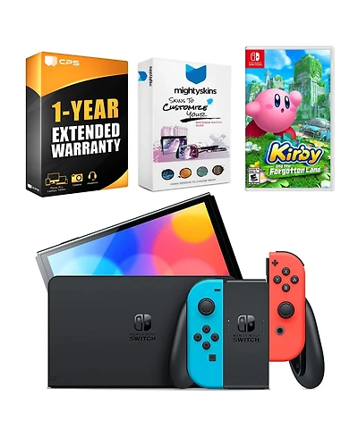 Nintendo Switch Neon Red & Blue Oled Console with Kirby and the Forgotten Land, MightySkins Console and Controller Skin Voucher