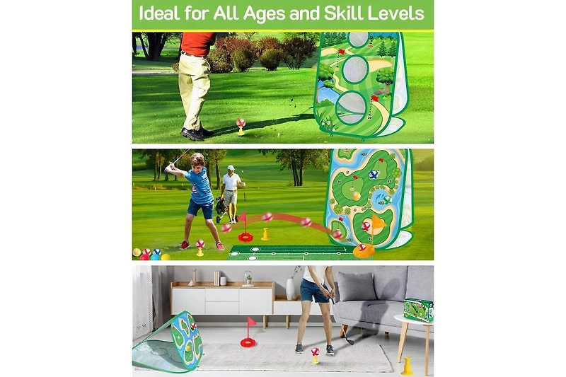 Titqwop 4-in-1 Sticky Golf Games Set for Kids & Adults – Golf Putting Mat, Chipping Net, Cornhole Board & Retractable Club | Indoor/Outdoor Pra