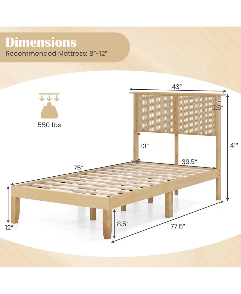 Gymax Twin Size Bed Frame w/ Rattan Headboard 10 Solid Wood Legs & 12 Wooden Slats