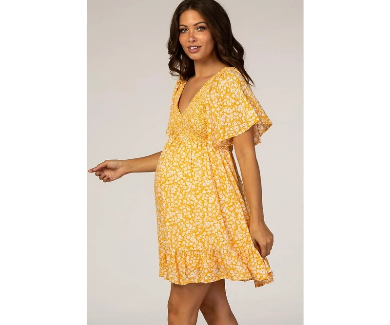 Pinkblush Maternity Yellow Floral Smocked Ruffle Dress