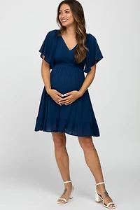 Pinkblush Maternity Navy Blue Smocked Front Ruffle Hem Dress