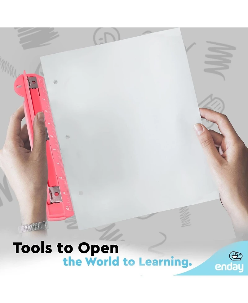 3 Hole Punch Pink, Portable Puncher for Ring Binder, Sheets Capacity, Removable Chip Tray, 10” Ruler School, Office, 1 Pc-by Enday