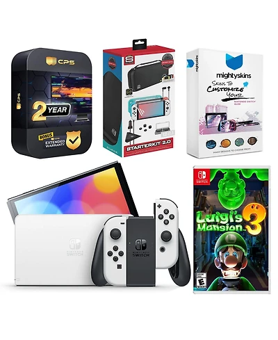 Nintendo Switch White Oled Console with Luigi s Mansion 3, Surge Accessory Gaming Kit, MightySkins Console and Controller Skin Voucher, and 2 Year Cps