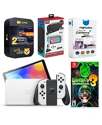 Nintendo Switch White Oled Console with Luigi s Mansion 3, Surge Accessory Gaming Kit, MightySkins Console and Controller Skin Voucher, and 2 Year Cps