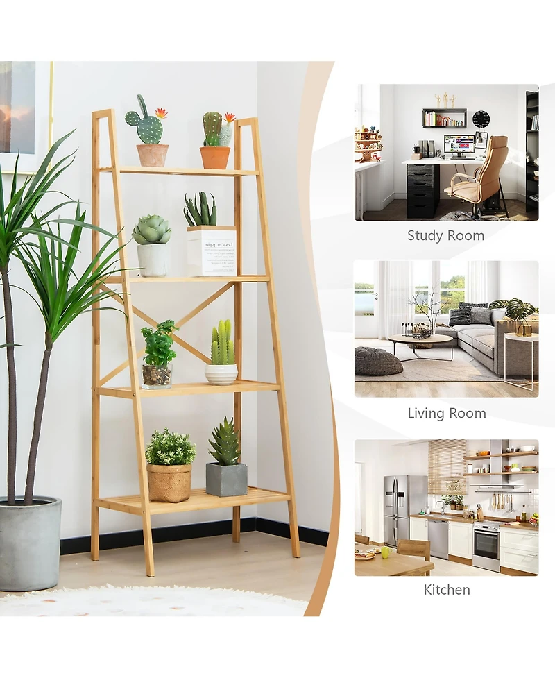 Gymax 2PCS 4-Tier Bamboo Ladder Bookshelf 58'' Display Shelf Storage Rack Plant Stand