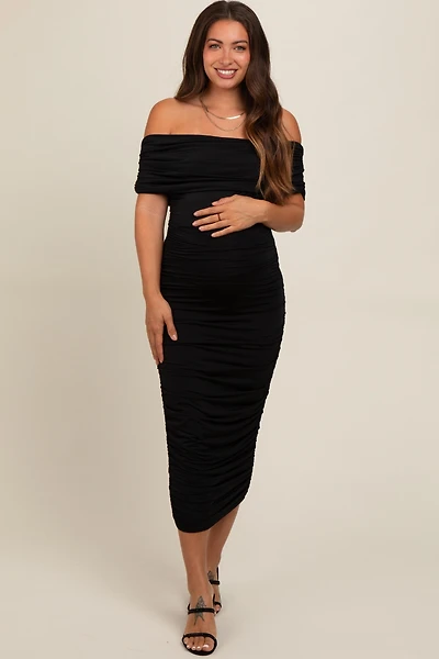 Pinkblush Maternity Black Off Shoulder Ruched Midi Dress