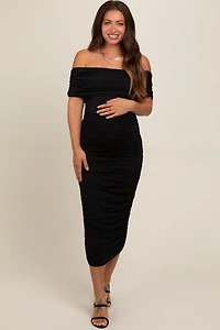 Pinkblush Maternity Black Off Shoulder Ruched Midi Dress
