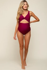 Pinkblush Maternity Plum Ruched Sides Front Cutout One Piece Swimsuit