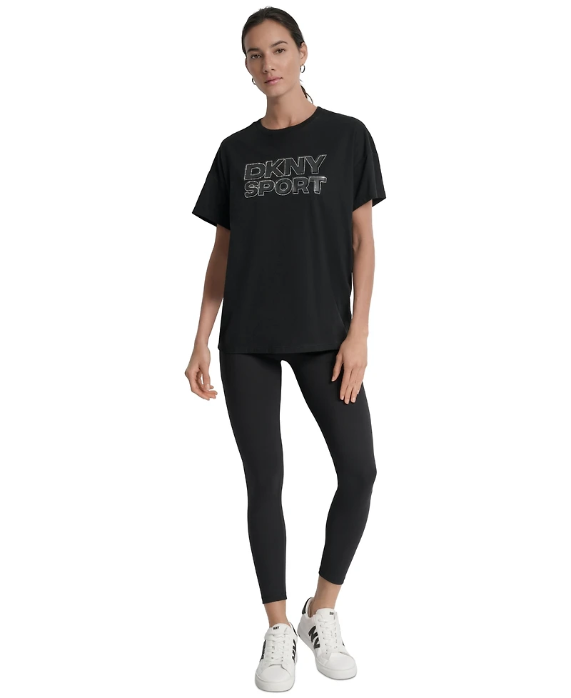 Dkny Sports Women's Rhinestone-Logo Drop-Shoulder T-Shirt