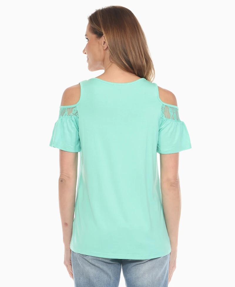 White Mark Women's Cold Shoulder Lace Trim Knit Top