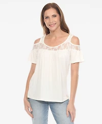 White Mark Women's Cold Shoulder Lace Trim Knit Top