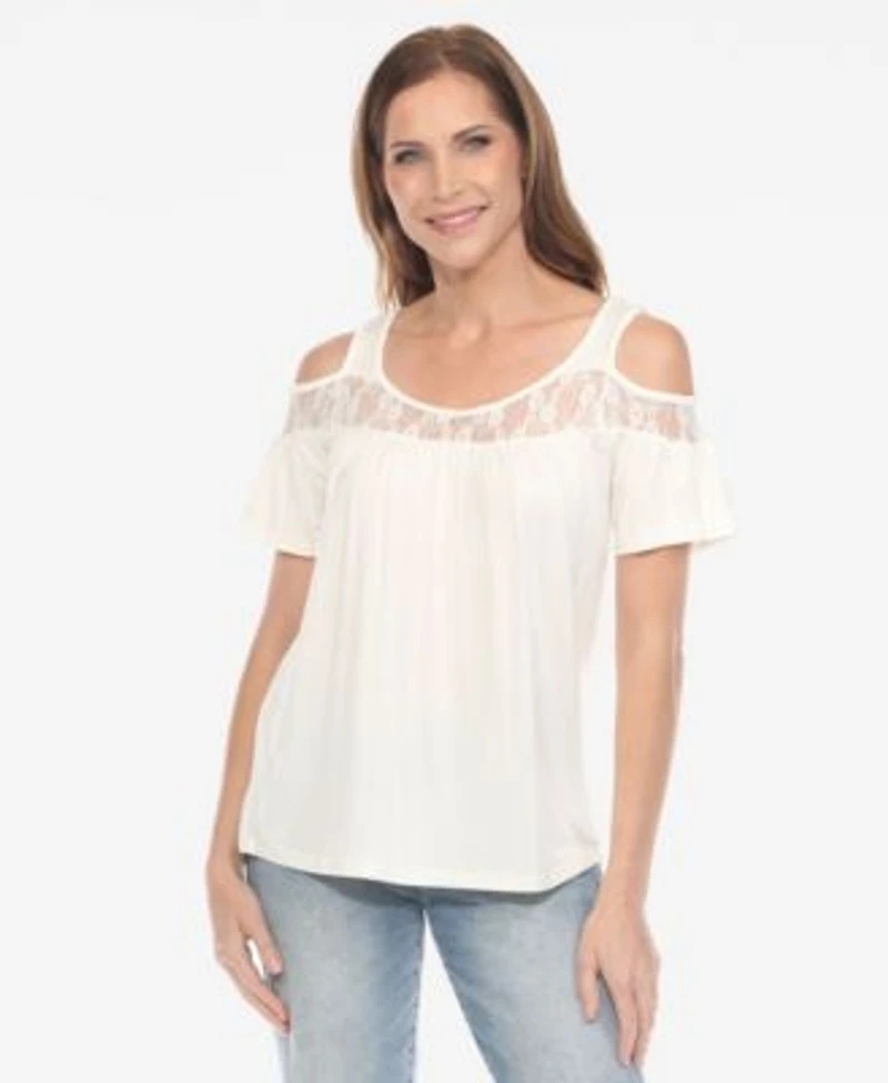 White Mark Womens Cold Shoulder Lace Trim Knit Top