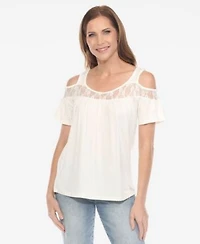 White Mark Womens Cold Shoulder Lace Trim Knit Top