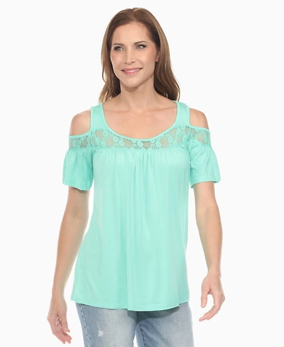 White Mark Women's Cold Shoulder Lace Trim Knit Top