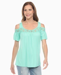 White Mark Women's Cold Shoulder Lace Trim Knit Top
