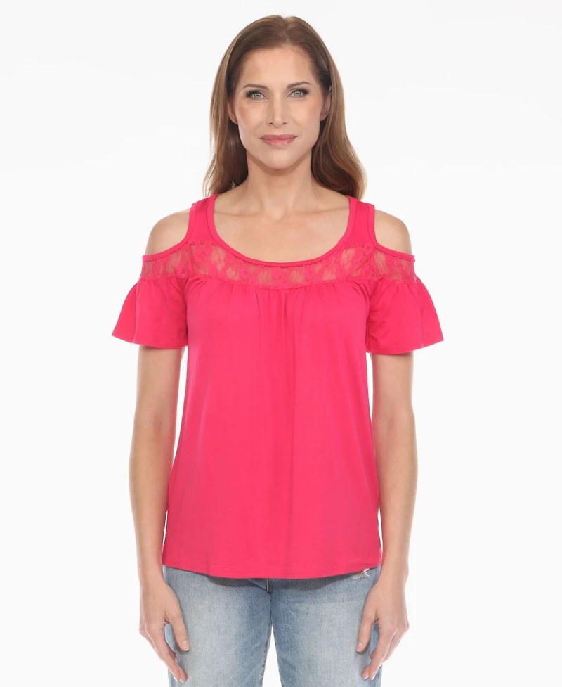 White Mark Women's Cold Shoulder Lace Trim Knit Top