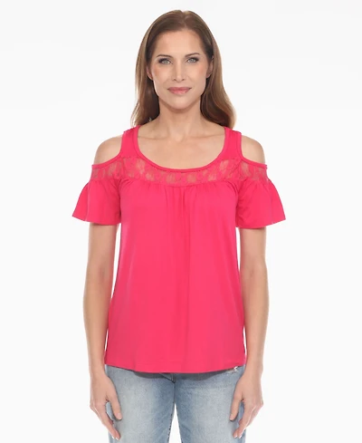 White Mark Women's Cold Shoulder Lace Trim Knit Top