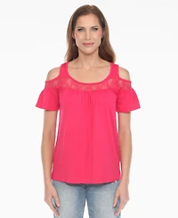 White Mark Women's Cold Shoulder Lace Trim Knit Top