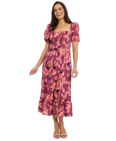 London Times Women's Printed Square-Neck Puff-Sleeve Dress