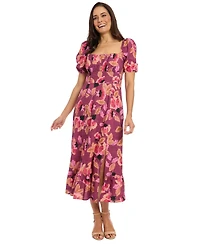 London Times Women's Printed Square-Neck Puff-Sleeve Dress