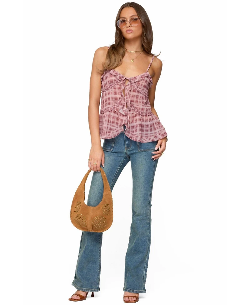 Edikted Women's Chiffon Printed Tie Front Ruffle Top