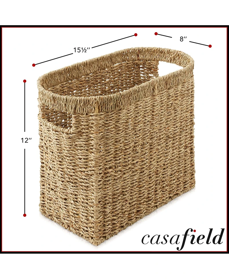 Casafield Magazine Holder Basket with Handles - Oval Seagrass Storage Bin for Bathroom, Home Office - Natural