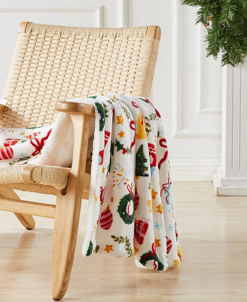 Linery & Co. Velvet Plush Fleece Reversible Sherpa Holiday Printed Throw