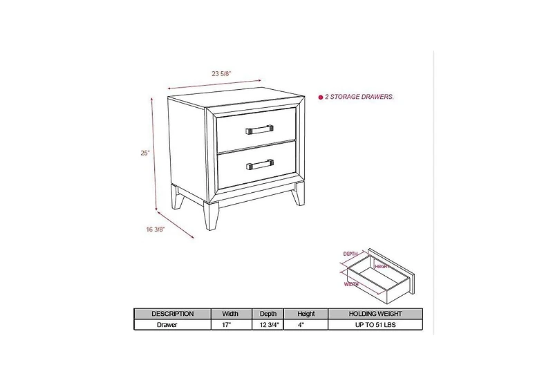 Kings Brand Furniture Ambroise 2-Drawer Wooden Side End Table, Nightstand