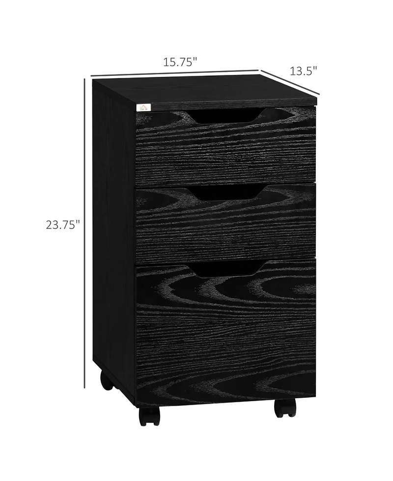 3 Drawer Office Storage Cabinet, Under Desk Cabinet with Wheels, Black Wood Grain