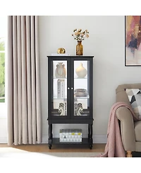 Lighted Curio Display Cabinet with Mirrored Back Panel and Glass Doors