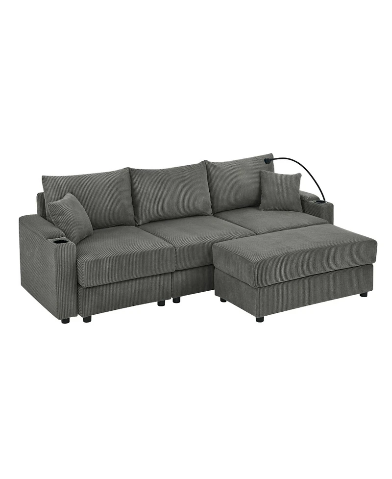 Streamdale Modern L-Shaped Couch with Ottoman & Storage Grey Corduroy