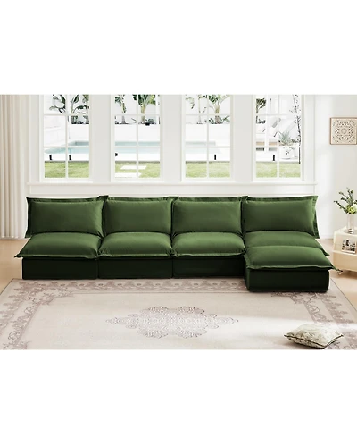 4-Seater Modular Armless Sectional with Ottoman, Green Chenille