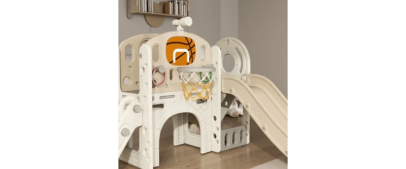 Kids Slide Playset Structure, Freestanding Castle Climber with Slide and Basketball Hoop