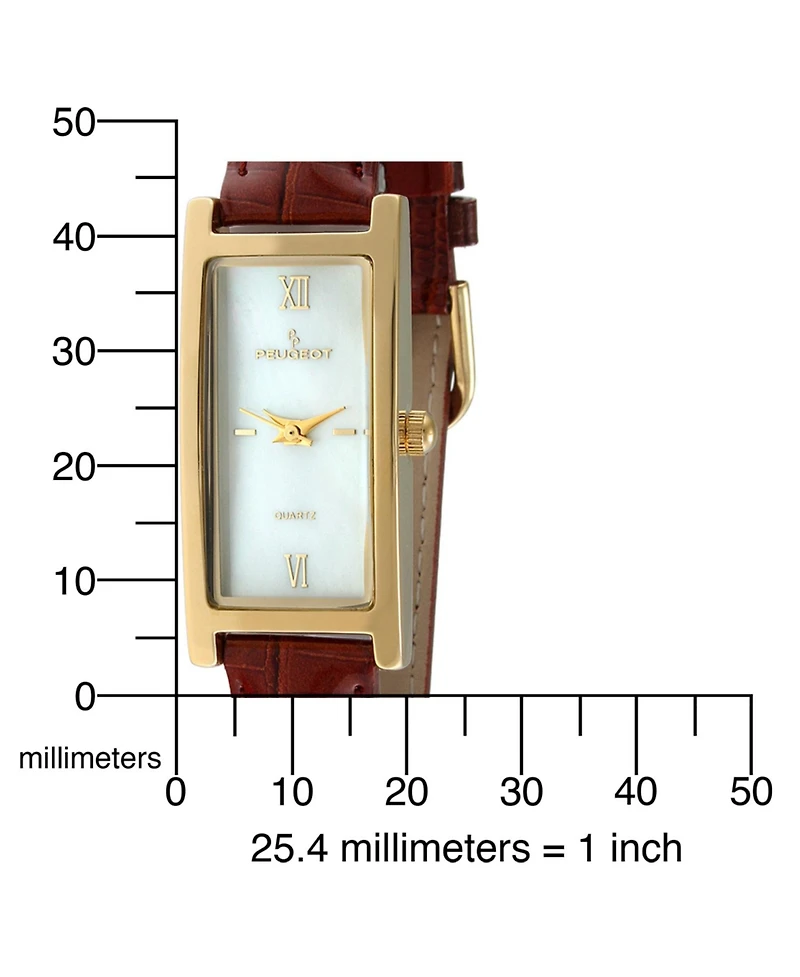 Peugeot Women's Rectangular Gold-Tone Case Watch Glossy Brown Leather Strap