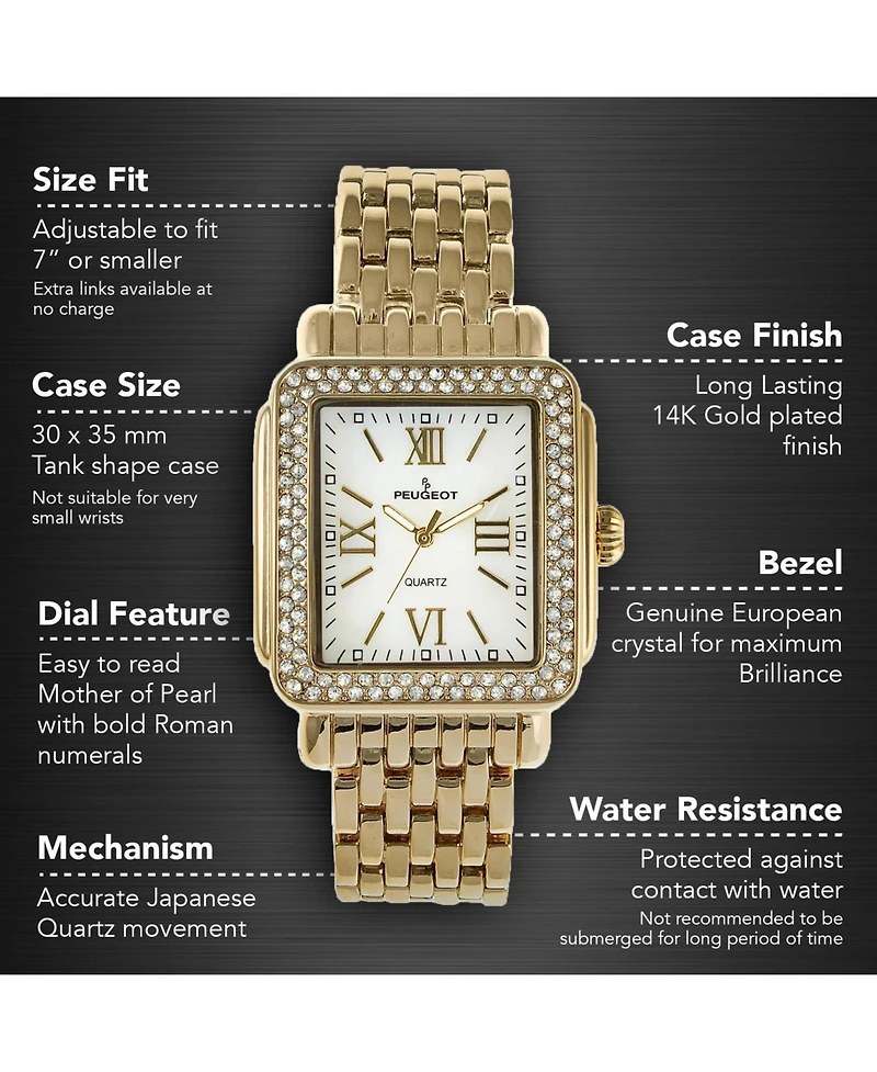 Peugeot Women's Gold Tank Bracelet Watch with Panther Link Gold-Tone Bracelet Strap