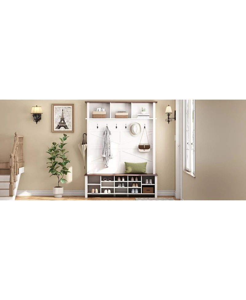 Farmhouse Hall Tree: Bench, Shelves, Hooks, & Shoe Storage