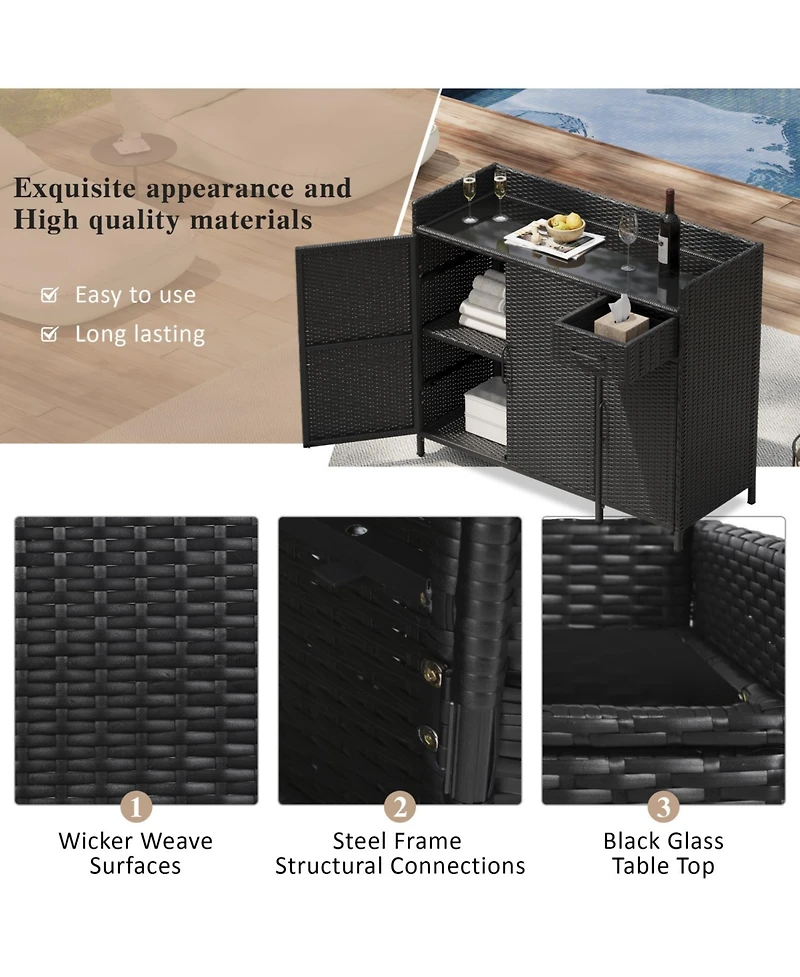 Wicker Outdoor Storage Cabinet & Bar Table Combo