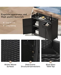 Wicker Outdoor Storage Cabinet & Bar Table Combo