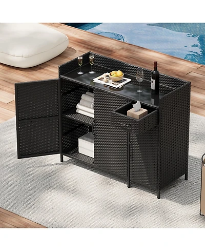 Wicker Outdoor Storage Cabinet & Bar Table Combo