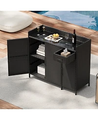 Wicker Outdoor Storage Cabinet & Bar Table Combo