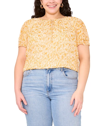 Vince Camuto Plus Printed Split-Neck Flutter-Sleeve Blouse
